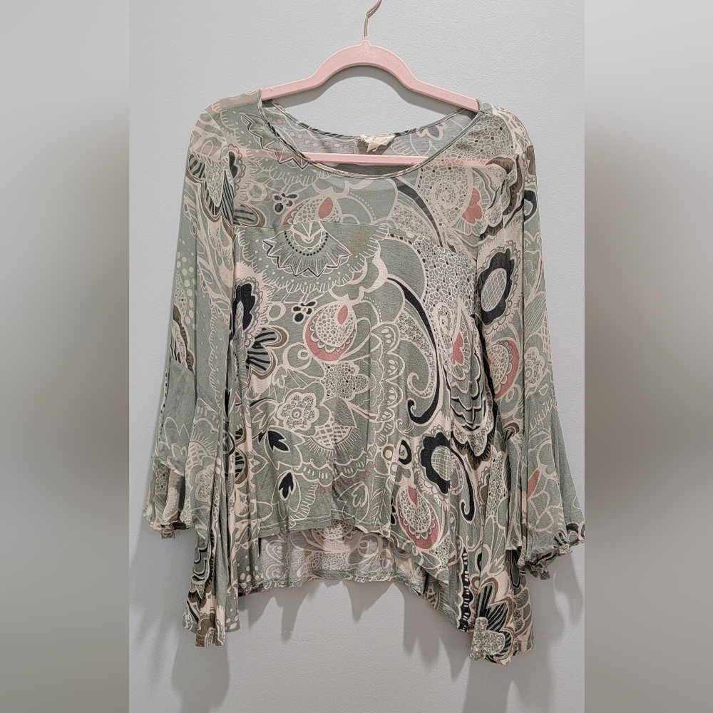 Anthropologie Boho Flowy Hi Low Hem Blouse With Silk Sleeves